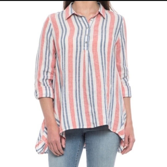 Artisan NY 100% Linen Striped Popover Tunic Large - Picture 1 of 9